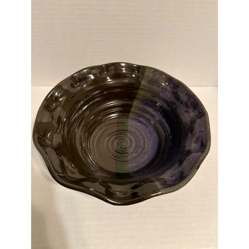 Dodge Studio Pottery Ruffled Bowl Set Purple Brown Glaze Signed Handcrafted 2pc